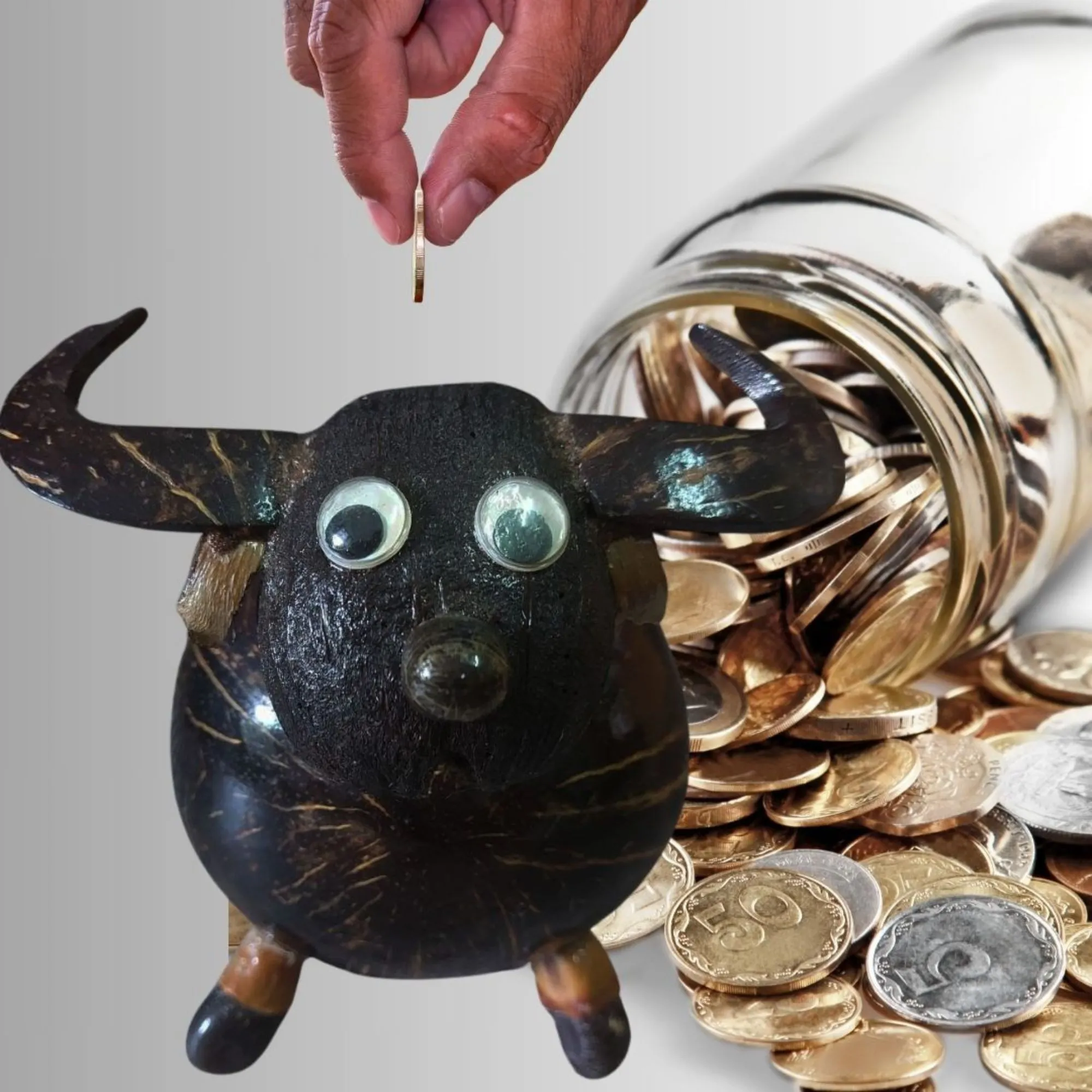 Coconut Shell Buffalow, Piggy Bank Coin Bank Crafted. Each one is unique.