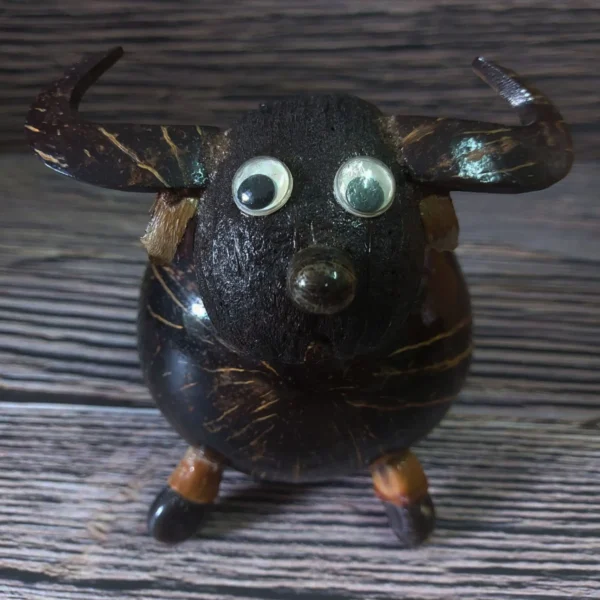 Coconut Shell Buffalow, Piggy Bank Coin Bank Crafted. Each one is unique.