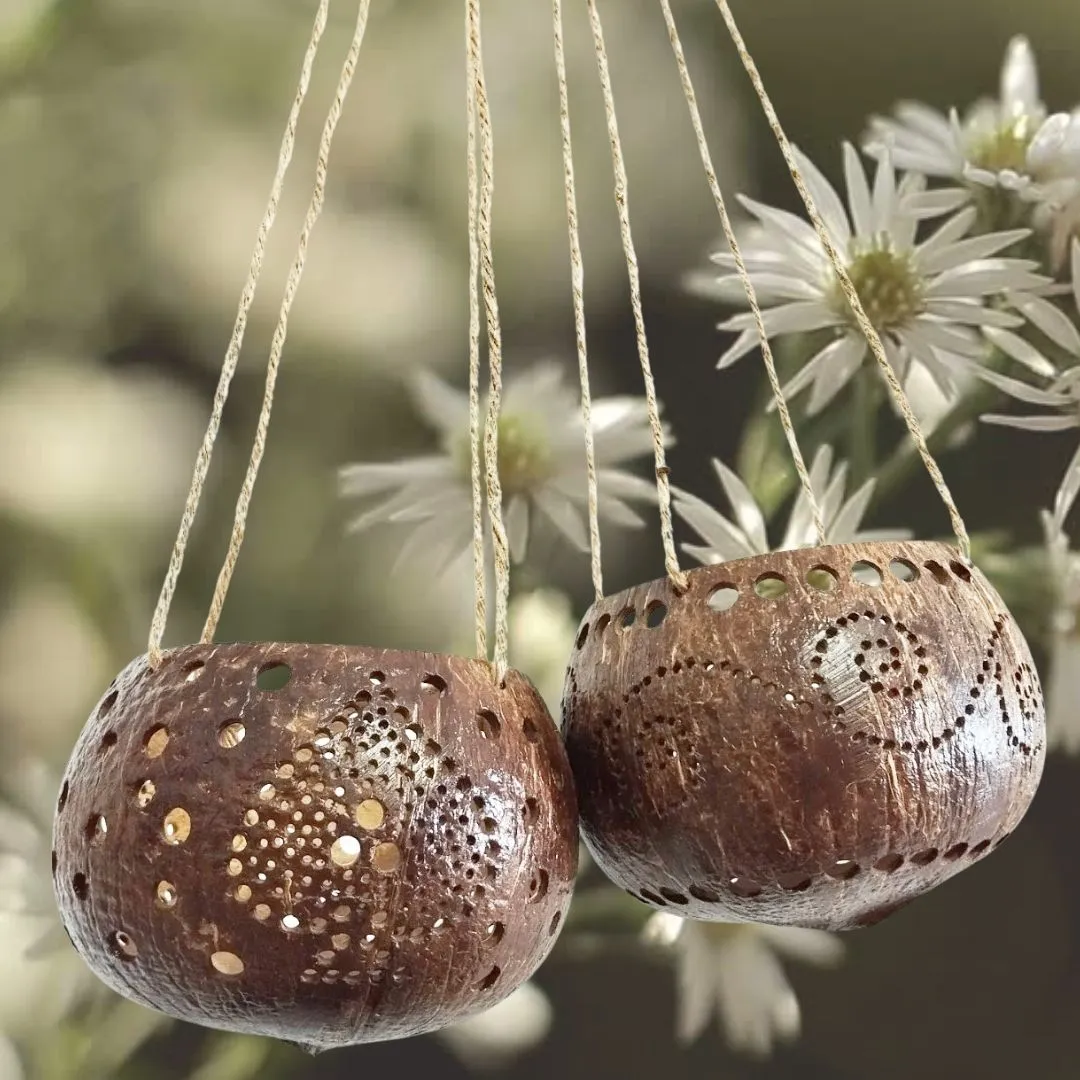 Set 2 Pcs Coconut Shell Hanging Pot Planter, planters and pots unique, potholders, potholders handmade,